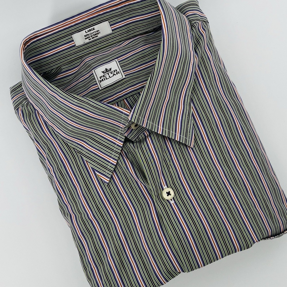 Peter Millar Shirt Men's Large Striped Button Front Long Sleeve Cotton